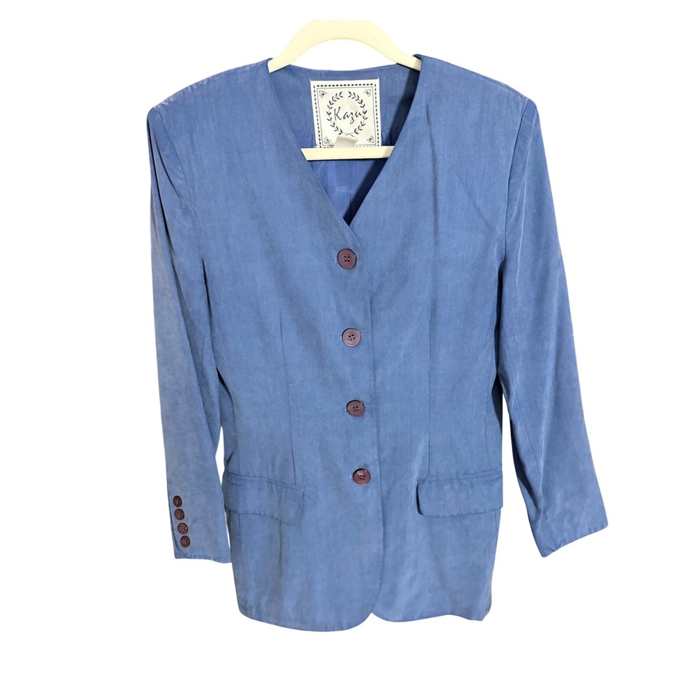 Kazu Silk Blazer Vintage 90s Collarless Jacket Blue Size S